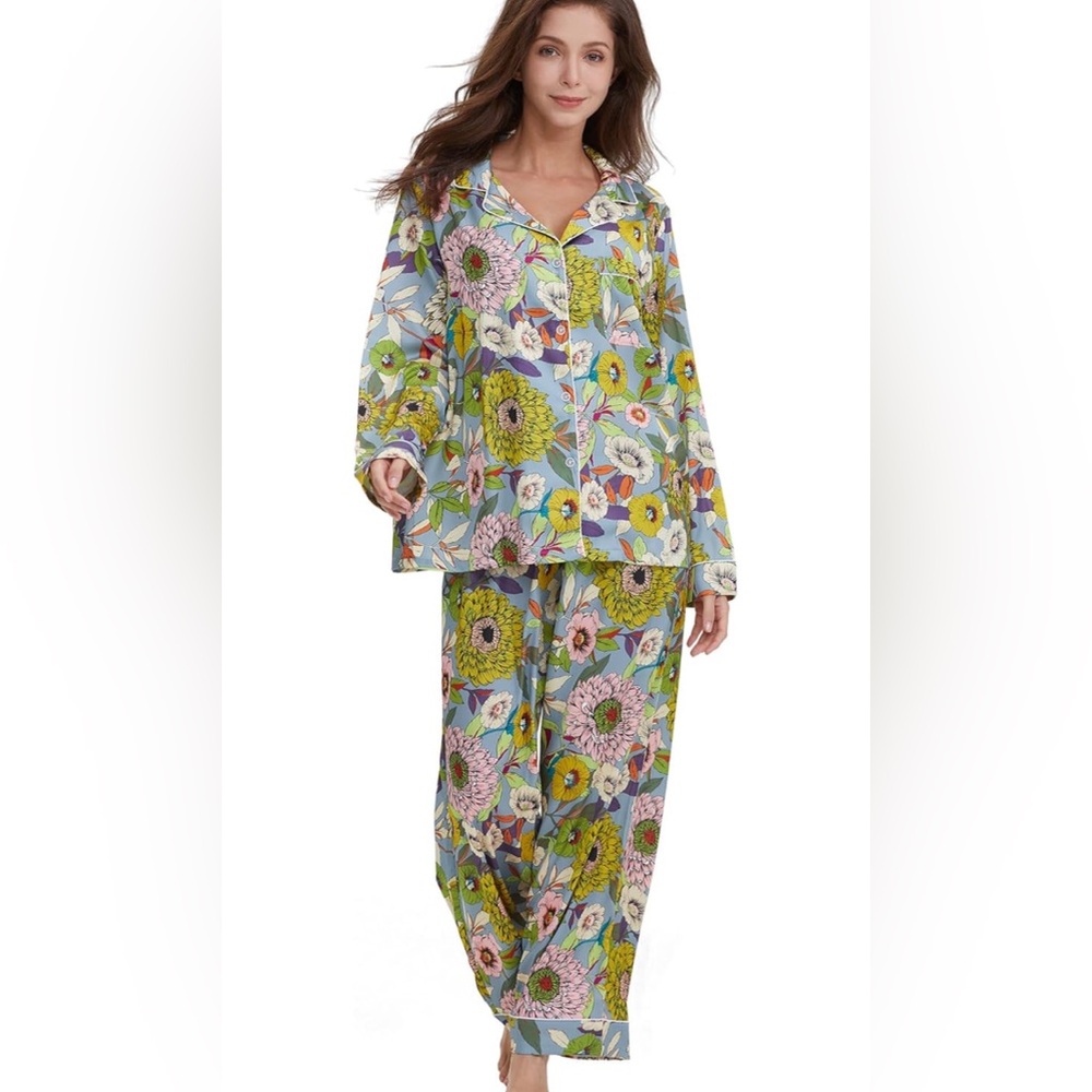 Floral Print Pajama Set 2 Piece: Button Down Shirt and Pants long sleeve New